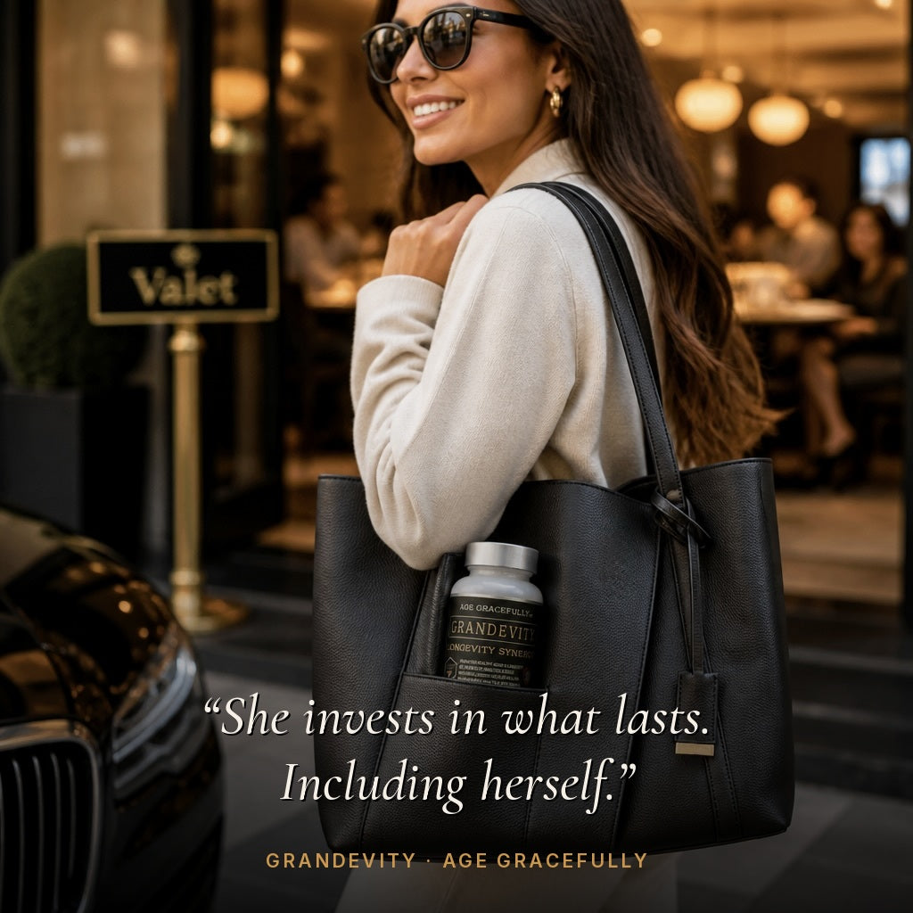 A woman with her handbag and a bottle of GRANDEVITY Longevity Synergy.